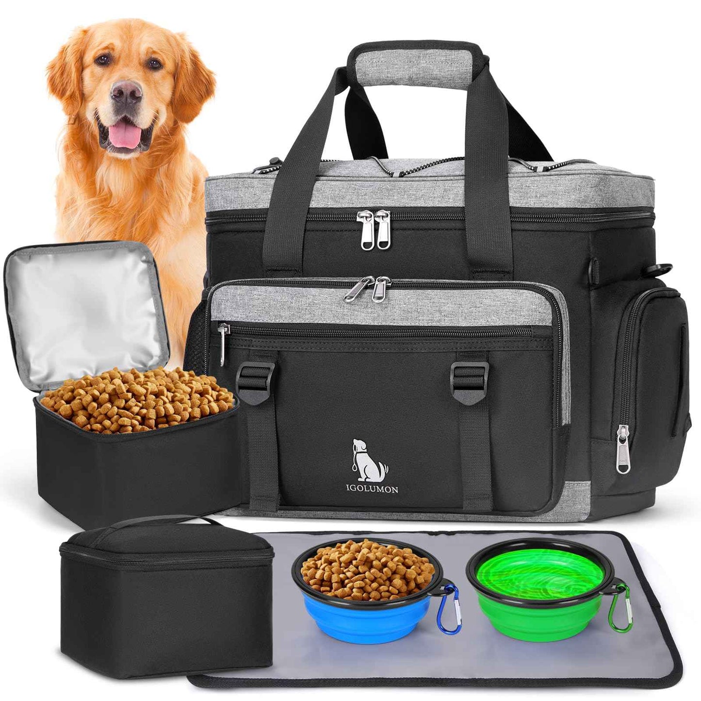 IGOLUMON Dog Travel Bag Large Pet Travel Bags Set for Supplies Weekend Dog Travel Kit Tote Organizer Multi-Pockets Dog Food Travel Bag with 2 Extra Large Food Containers 2 Dog Bowls 1 Feeding Mat