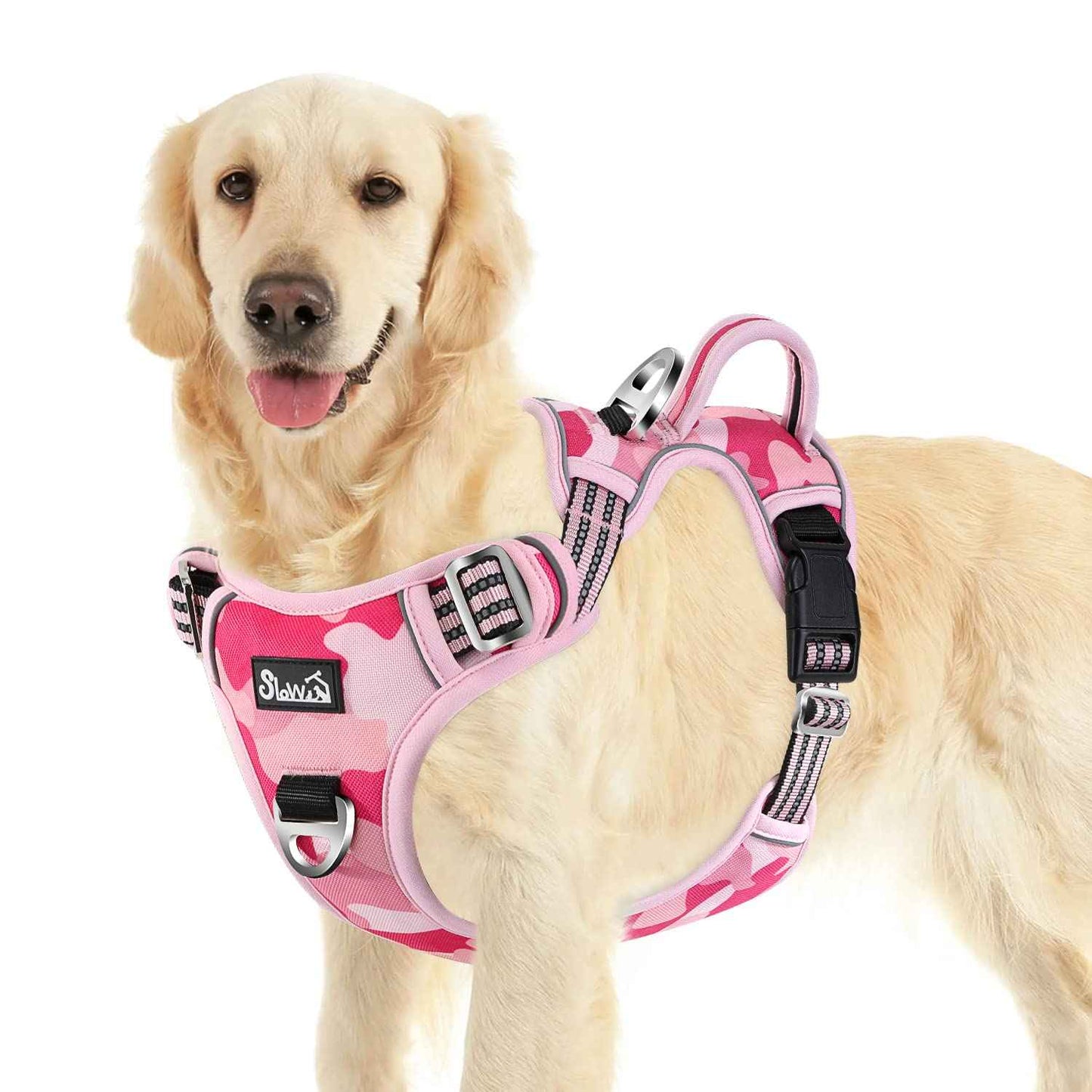 SlowTon No Pull Dog Harness Heavy Duty No Choke Pet Harness with 2 Leash Clips and Easy Control Vertical Handle Adjustable Soft Padded Dog Vest for Small Medium and Large Dogs (Pink CamoXLarge)