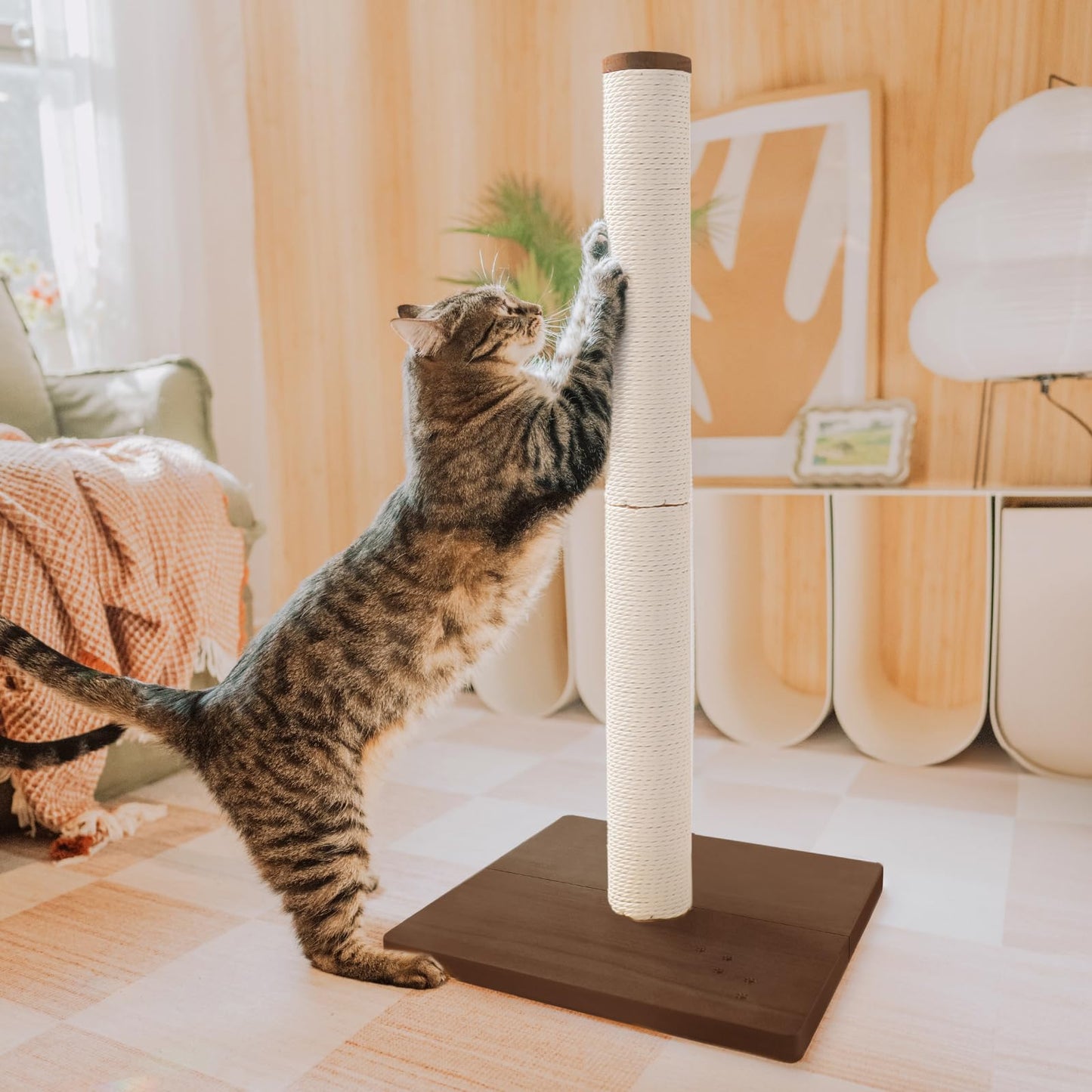 Necoichi 31.5” Tall Cat Scratching Post Kitten Scratcher Paper Rope Scratch Posts Trees with Hanging for Indoor Cats (31.5 inches for Adult Cats Large Dark Cherry)