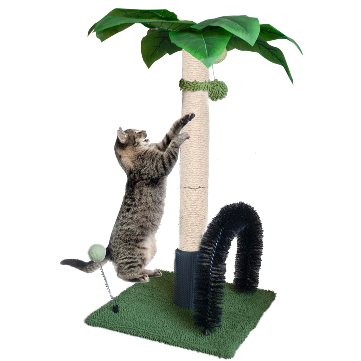 MUYG 29.5" Tall Cat Scratching Post Natural Sisal Scratching Posts with Self Groomer for Indoor Large Cats Kitten Scratch Posts with Hanging Ball and Spring Ball for Adult Cats Kittens Kitty(Green)