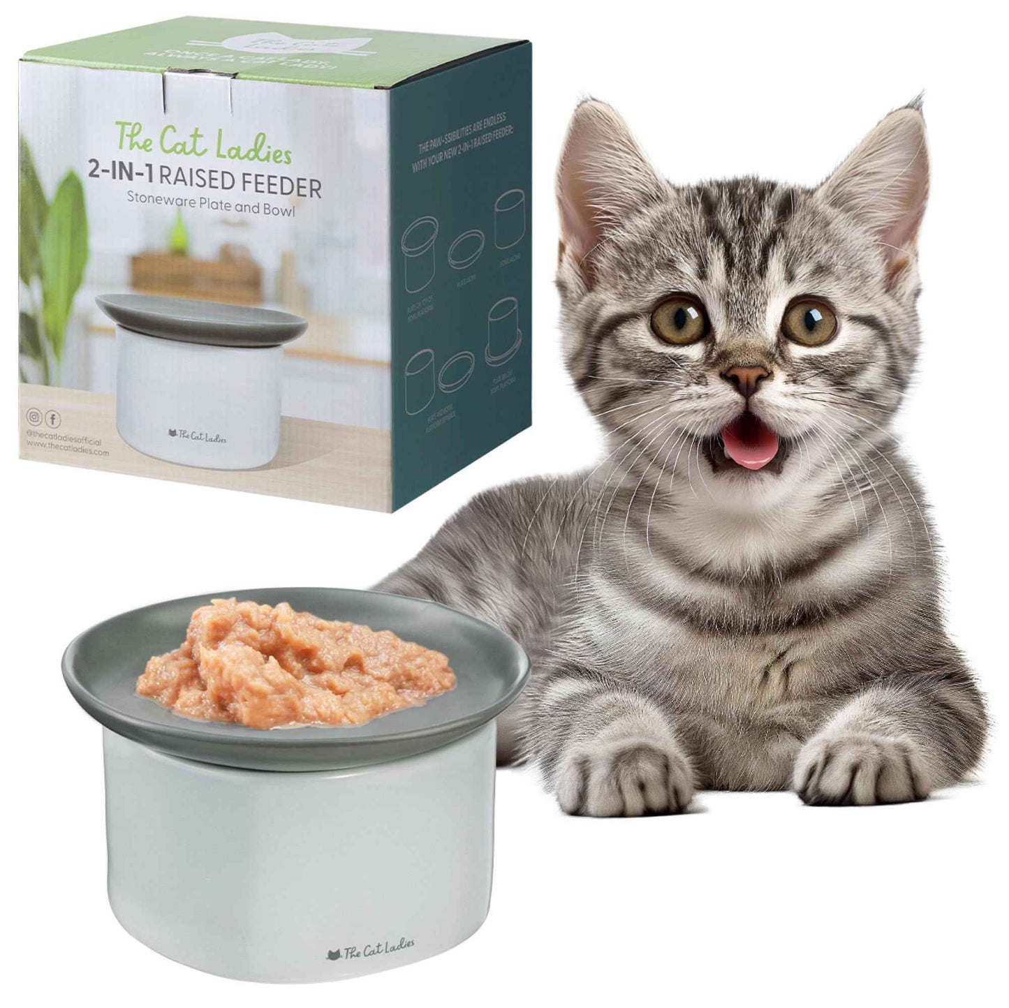 The Cat Ladies 2-in-1 Cat Raised Feeder - Raised Food Dish and Bowl for Indoor Cats - Elevated Whisker Friendly Dishes and Bowls - Ceramic and Dishwasher Safe Bowl Set