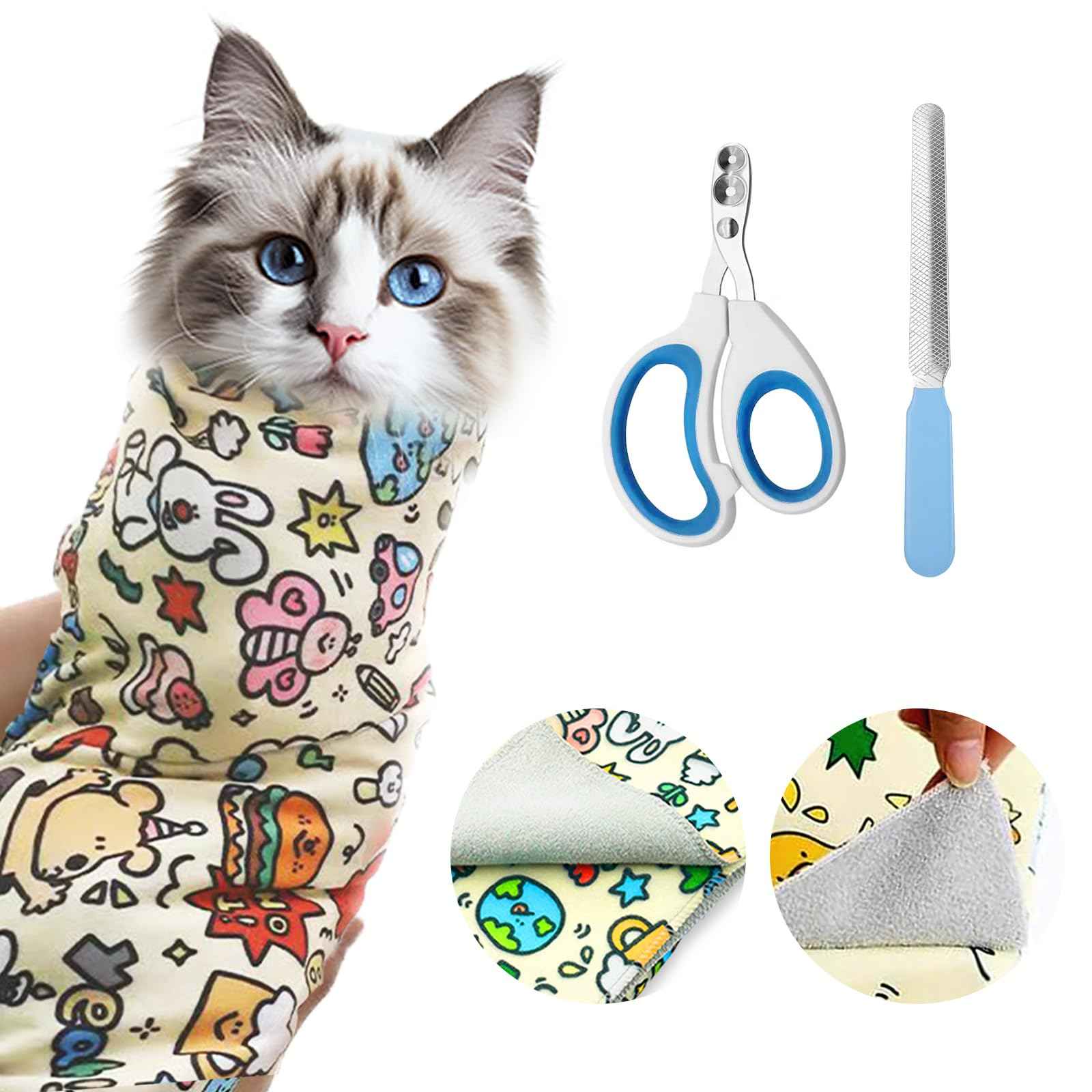Cat Grooming Wrap Velcro Fabric for Cat Nail Trimming Restraint Multi-Purpose Cat Wrap with Cat Nail Clippers and Nail File Cat Restraint Calming Wrap for Nail Clipping L