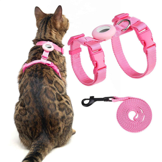 VKPETFR Cat Harness and Leash Set Escape Proof for Walking Adjustable Cute Kitten Harness Leash with Airtag Holder for Small Large Cats Lightweight Soft Walking Travel Harness (Pink)