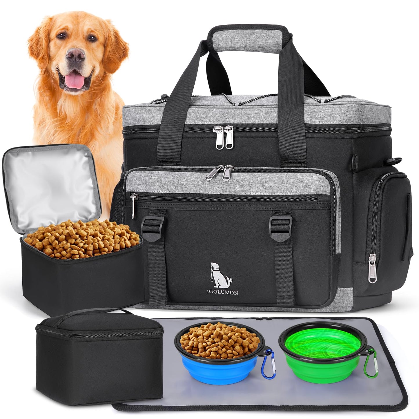 IGOLUMON Dog Travel Bag Large Pet Travel Bags Set for Supplies Weekend Dog Travel Kit Tote Organizer Multi-Pockets Dog Food Travel Bag with 2 Extra Large Food Containers 2 Dog Bowls 1 Feeding Mat