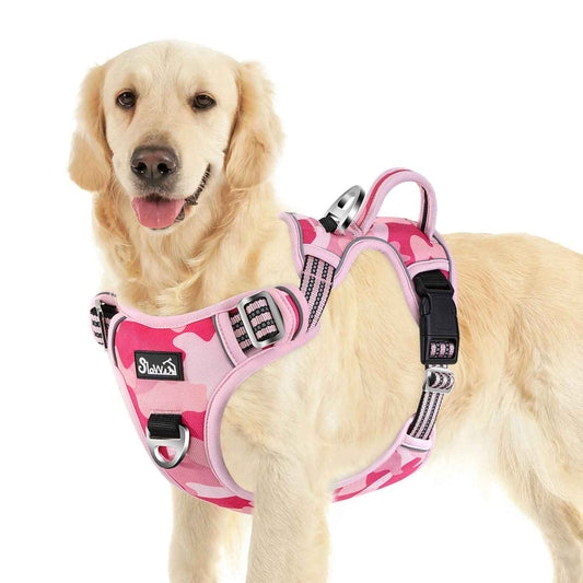 SlowTon No Pull Dog Harness Heavy Duty No Choke Pet Harness with 2 Leash Clips and Easy Control Vertical Handle Adjustable Soft Padded Dog Vest for Small Medium and Large Dogs (Pink CamoXLarge)
