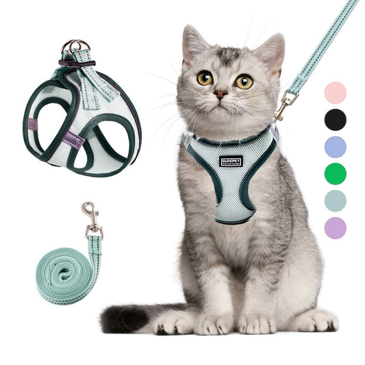 Betmaypet Cat Harness and Leash Set Soft and Breathable Vest with Reflective Strip Escape Proof Kitten Harness Easy to Wear for Cats Walking and Traveling (Light Green XS)