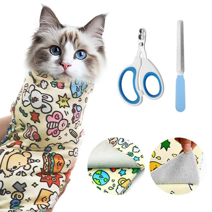 Cat Grooming Wrap Velcro Fabric for Cat Nail Trimming Restraint Multi-Purpose Cat Wrap with Cat Nail Clippers and Nail File Cat Restraint Calming Wrap for Nail Clipping L