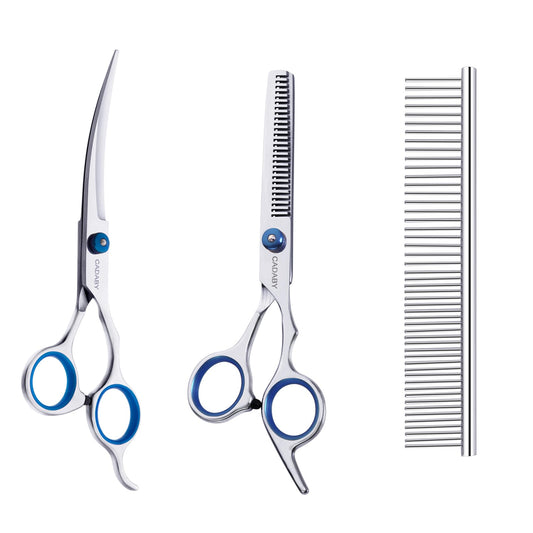 CADABY Dog Grooming Scissors Kit 3 in 1 Dog Grooming Scissors with Safety Tips Professional Stainless Steel Dog Scissors for Grooming Pet Grooming Shears for Dog Cat