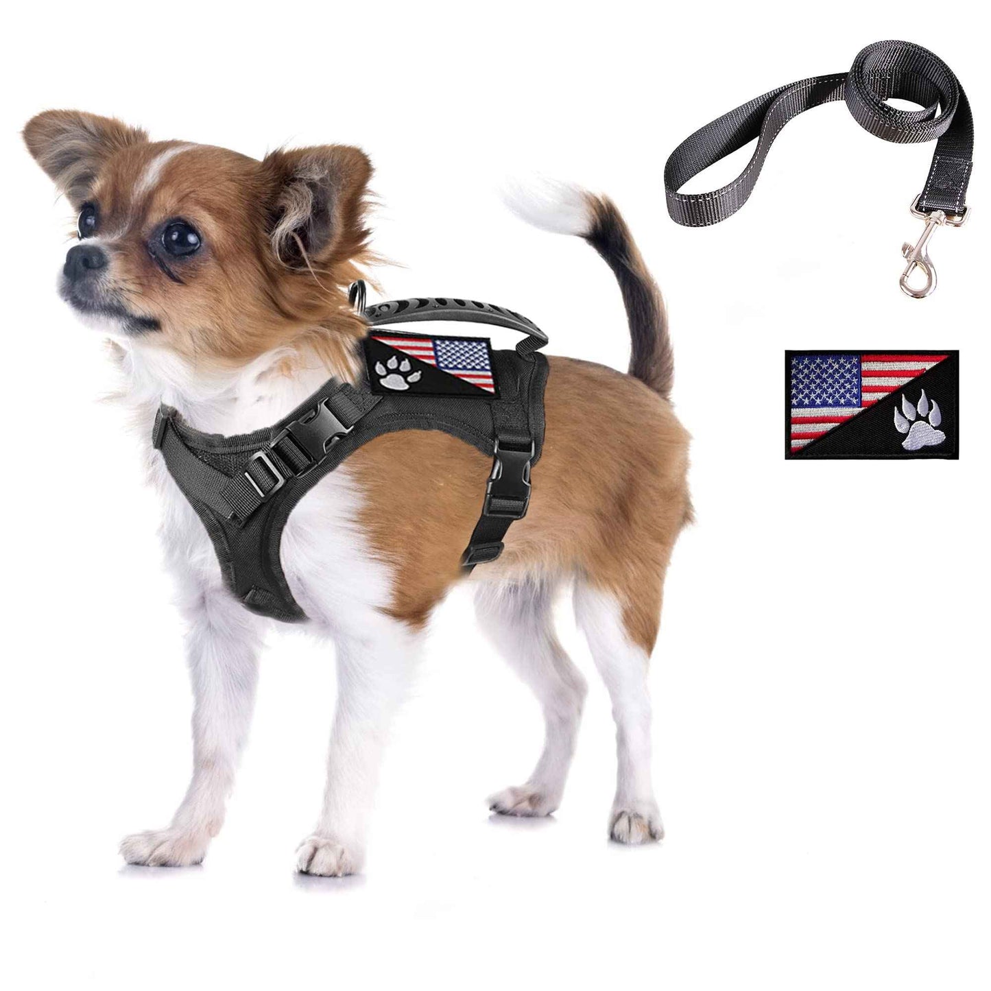 Tactical Dog Harness with Leash Tactical Puppy Vest with Rubber Handle K9 Military Adjustable Pet Harness for Outdoor Training XS Dog Harness (Black Harness with Leash)