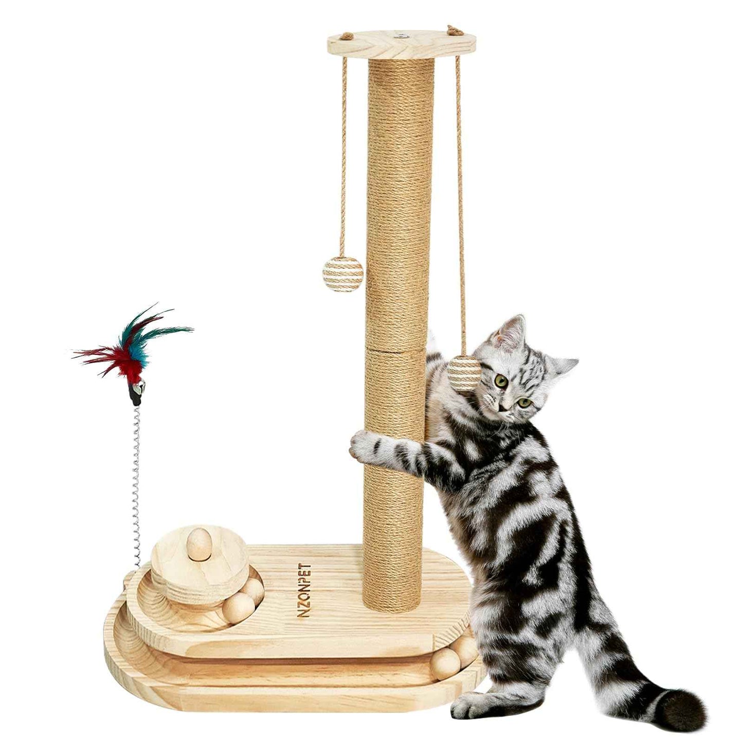 NZONPET Cats Scratching Post 34.3" Tall Scratch Post Premium Sisal Rope Scratch Posts for Kitten and Adult Cats All Natural Rope Wooden Ball Track Interactive Toy with Dangling Balls