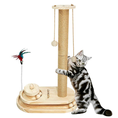 NZONPET Cats Scratching Post 34.3" Tall Scratch Post Premium Sisal Rope Scratch Posts for Kitten and Adult Cats All Natural Rope Wooden Ball Track Interactive Toy with Dangling Balls
