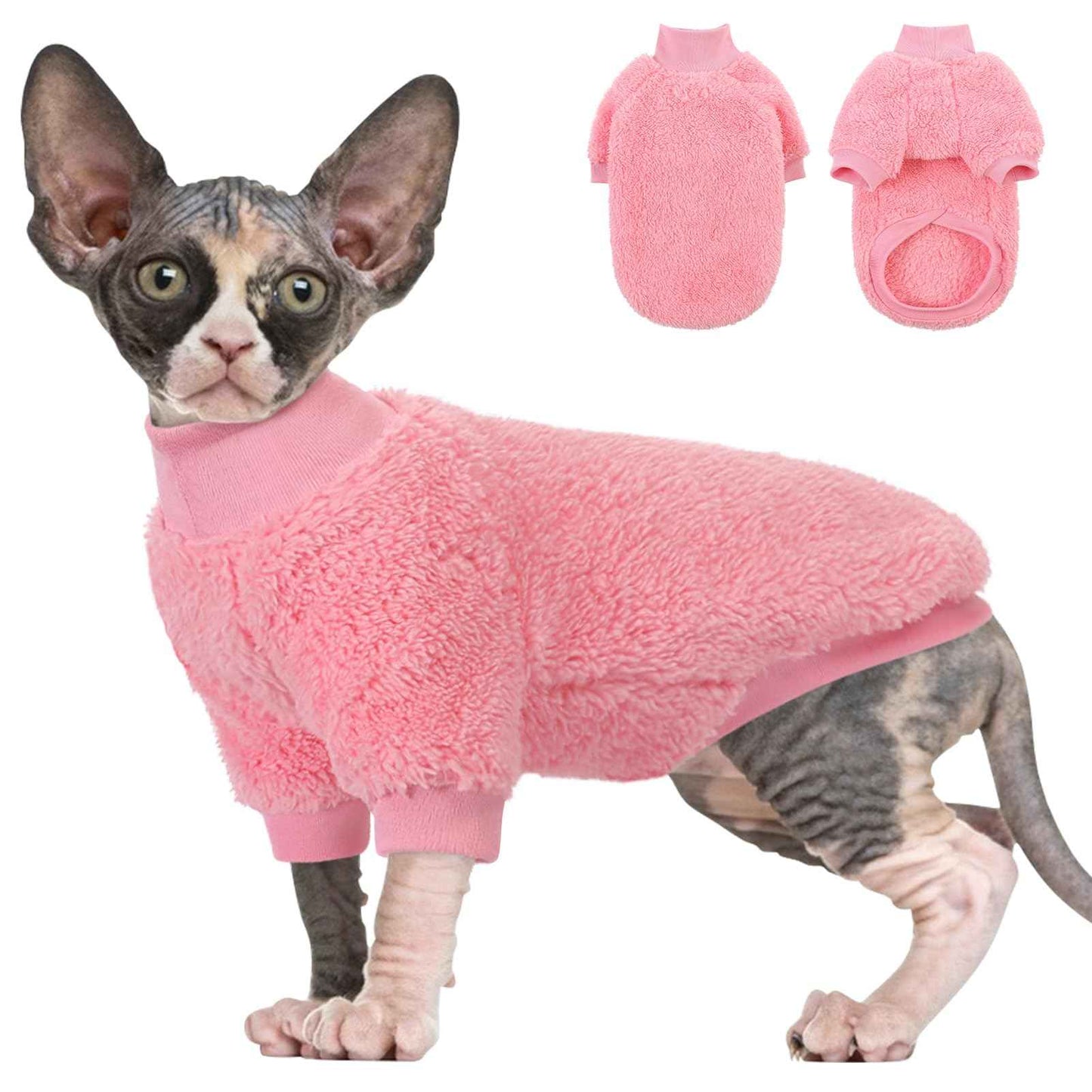 SUNFURA Sphynx Cat Sweater Hairless Cats Turtleneck Pullover Kitten Sweaters for Cats Only Warm and Soft Cat Pajamas Shirt with Sleeves Pet Winter Clothes Fleece Jumpsuit for Cats Puppy Pink M