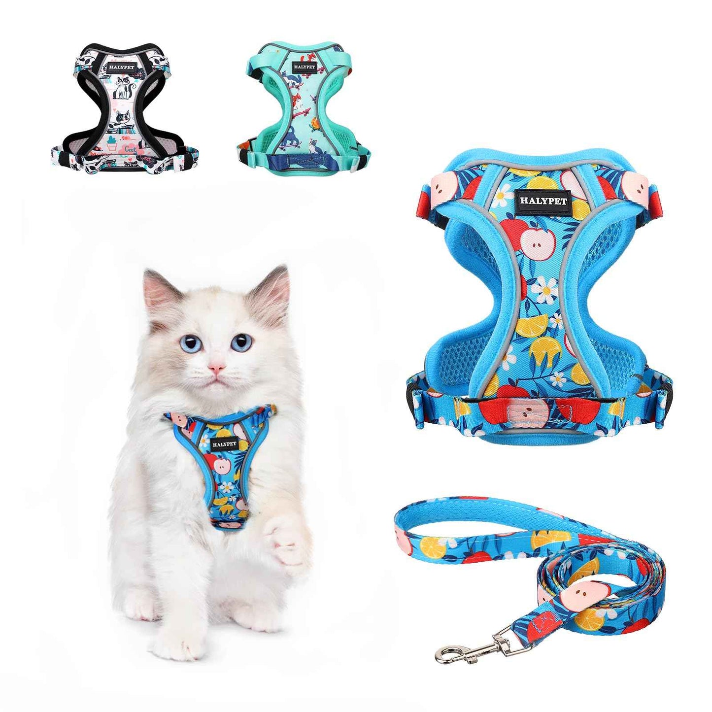 Halypet Cat Harness and Leash Set [MAX Safety 4th-Gen] Cute Escape Proof Vest Harness for Girl Cat Walking Comfortable Adjustable Leash and Reflective Strips for Outdoor Kitten XS Azure Floral