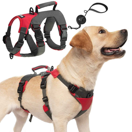 PUPTECK Escape Proof Dog Harness - Adjustable No Pull Dog Vest and Double Handles Leash Set Soft Padded Lift Handle for Medium Large Dogs Training Hiking Walking Hunting Red Large