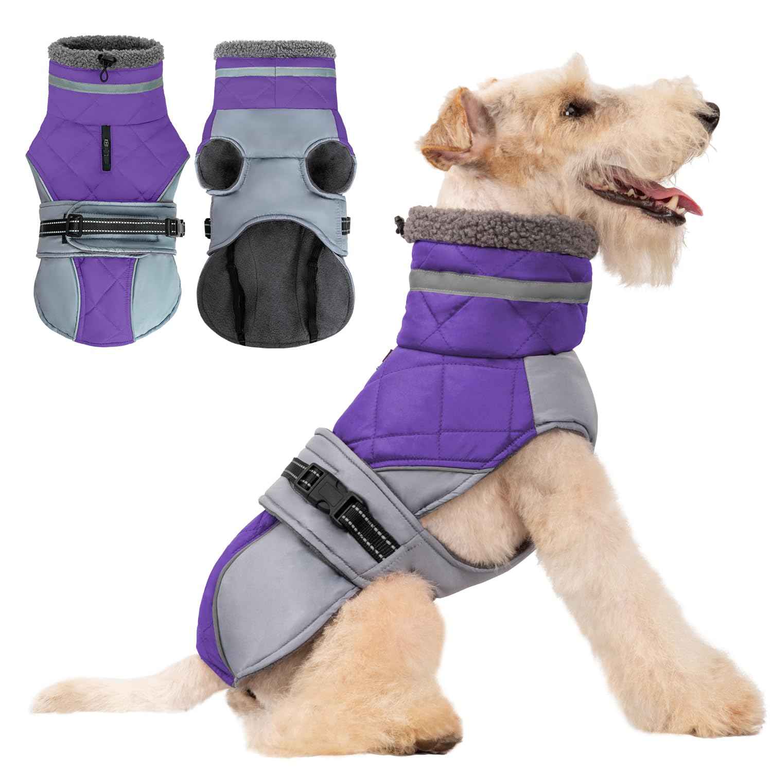 AIMYDOG Warm Dog Coat Reflective Dog Jacket Dog Winter Coat with Adjustable Buckle Windproof Turtleneck Fleece Lining Dog Cold Weather Coats Dog Snowsuit for Small Medium Large Dogs(Purple XL)