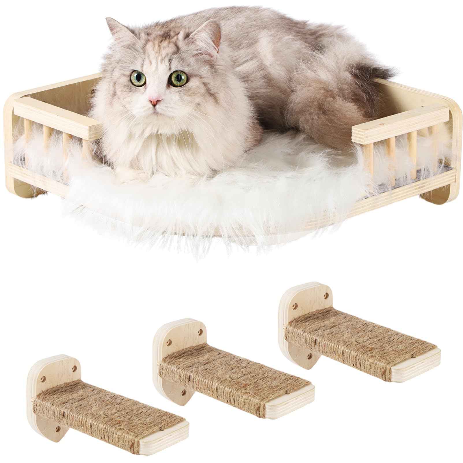 COOLEX Cat Wall Shelves Cat Shelves and Perches for Wall Corner Cat Shelf Cat Wall Furniture with 3 Steps Scratch Post Cat Bed Hammock with Plush Covered Climbing Shelf for Indoor Cats (Wood)
