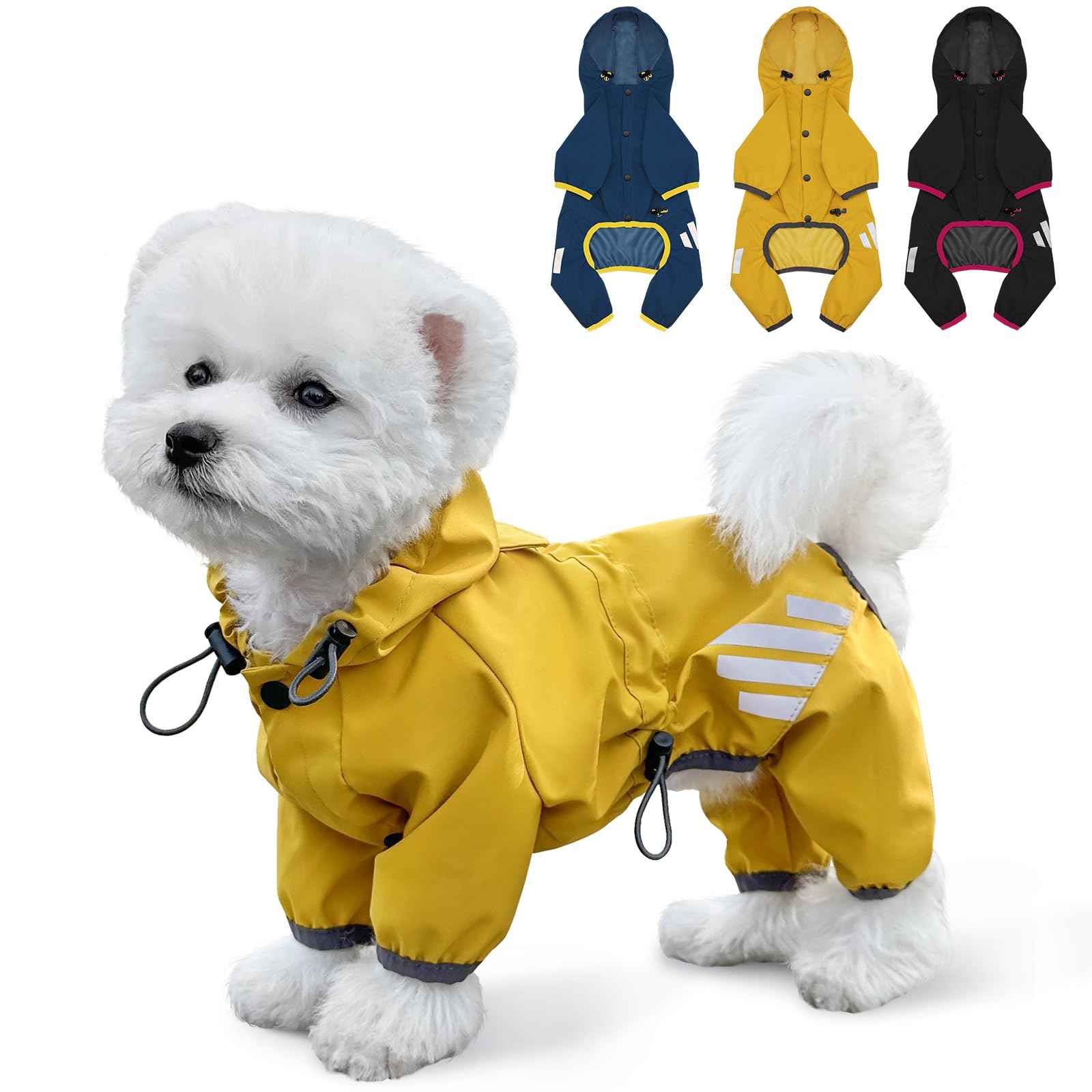 Dog Raincoat Waterproof Dog Rain Jacket with Hood Dog Rain Coat with Leash Hole Reflective Strap for Small Medium Dogs Lightweight Puppy Clothes(YellowM)