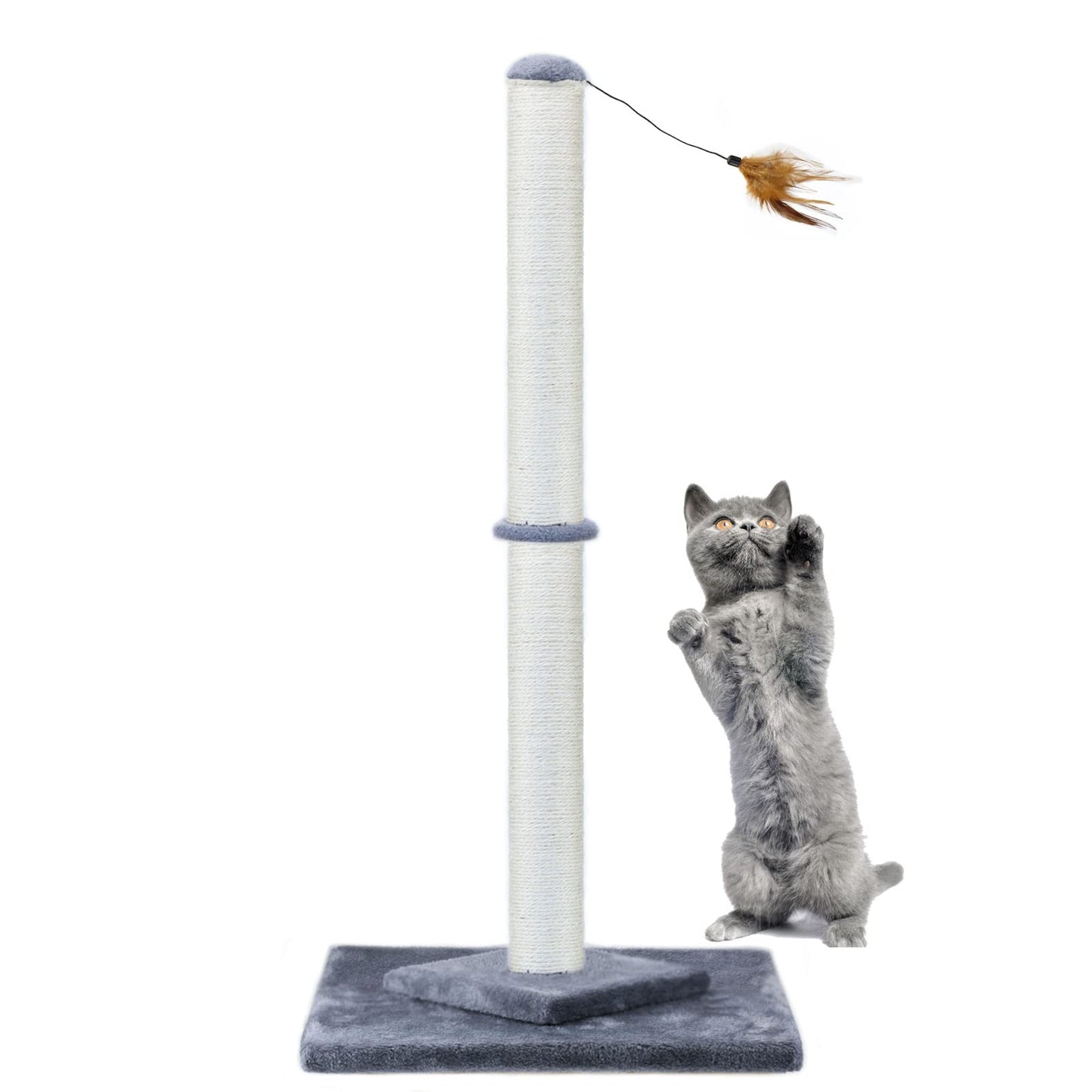 HUTPET 34" Tall Cat Scratching Post Double Base and Reinforcement DesignSisal Scratch Posts Trees with Feather Toys for Indoor Cats(Gray)