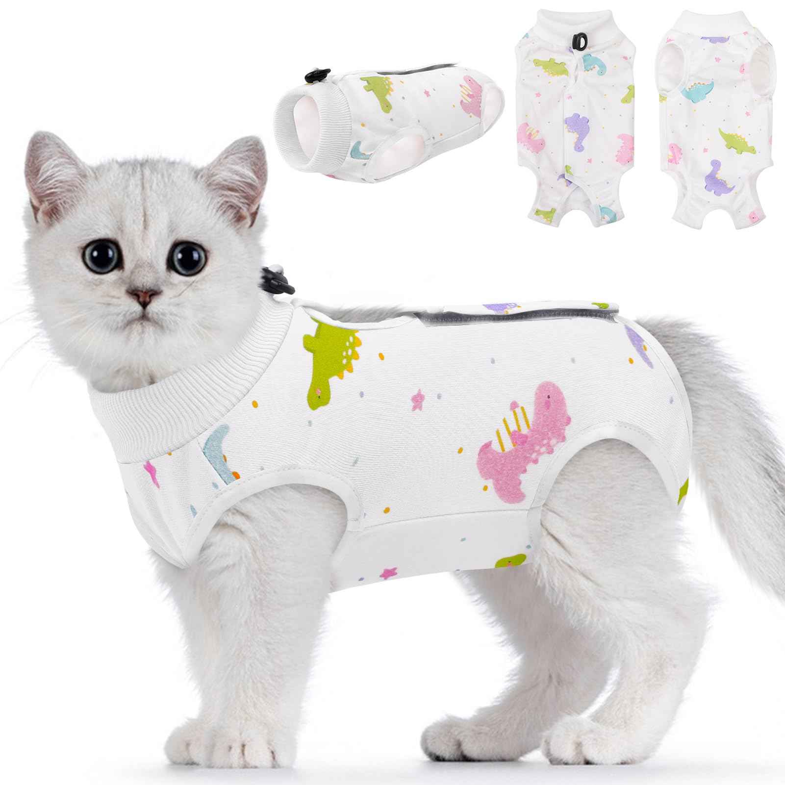 SUNFURA Cat Recovery Suit Cat Onesie for Cats After Surgery Breathable Cat Surgical Spay Suit for Abdominal Wounds Skin Diseases E-Collar Alternative Cat Surgery Shirt Anti Licking Dinosaur M