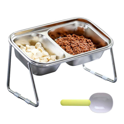 BNOSDM Elevated Cat Bowls Stainless Steel Food & Water Bowls 15° Tilted Raised Food Feeding Dishes with Metal Stand Double Pet Bowls with Scoop and Anti-Slip Feet for Cats and Puppy