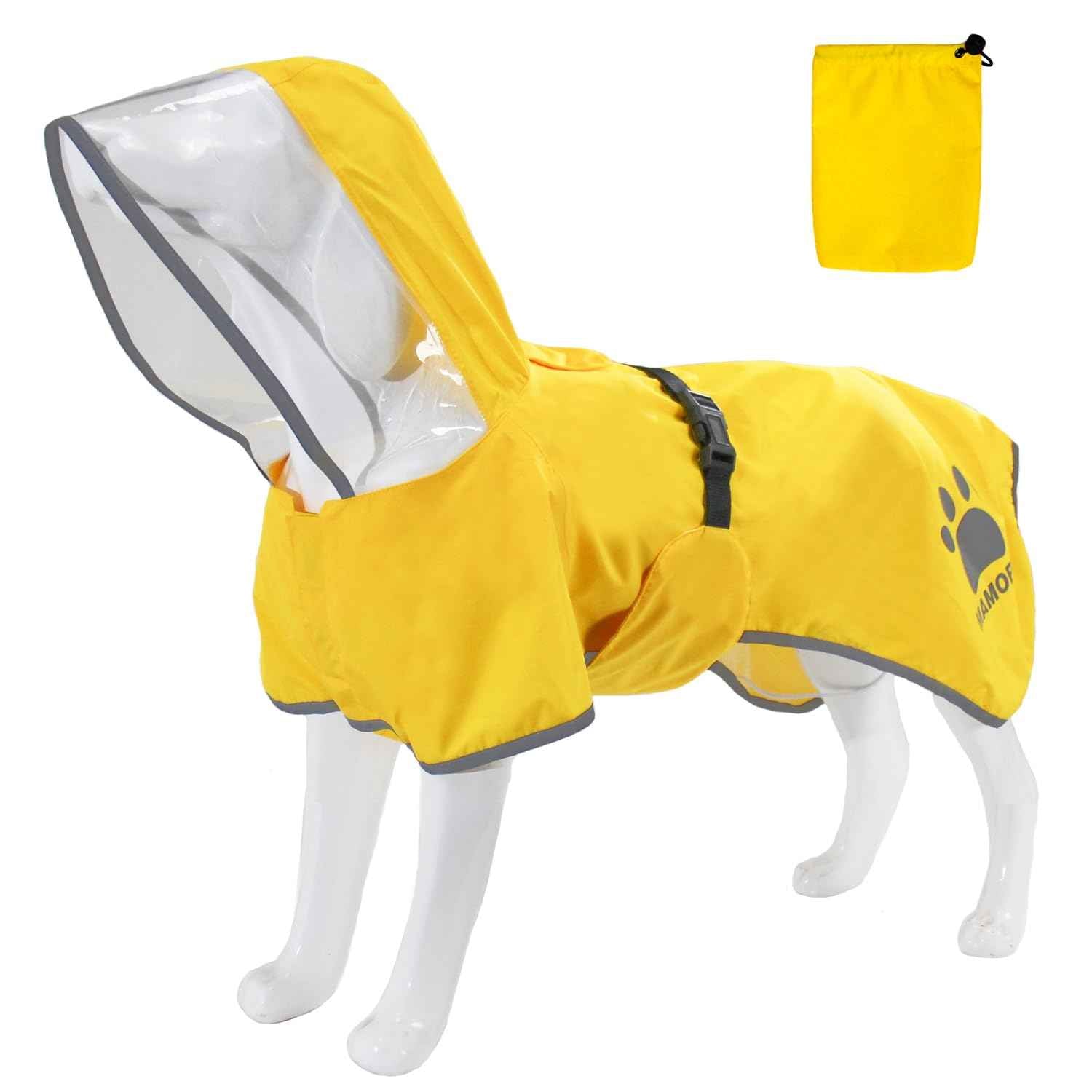 MAMORE Dog Raincoat Hooded Rain Jacket for Small Medium Large Dogs Slicker Poncho Bottom Waterproof Adjustable Reflective Breathable Leash Hole (Yellow Small)