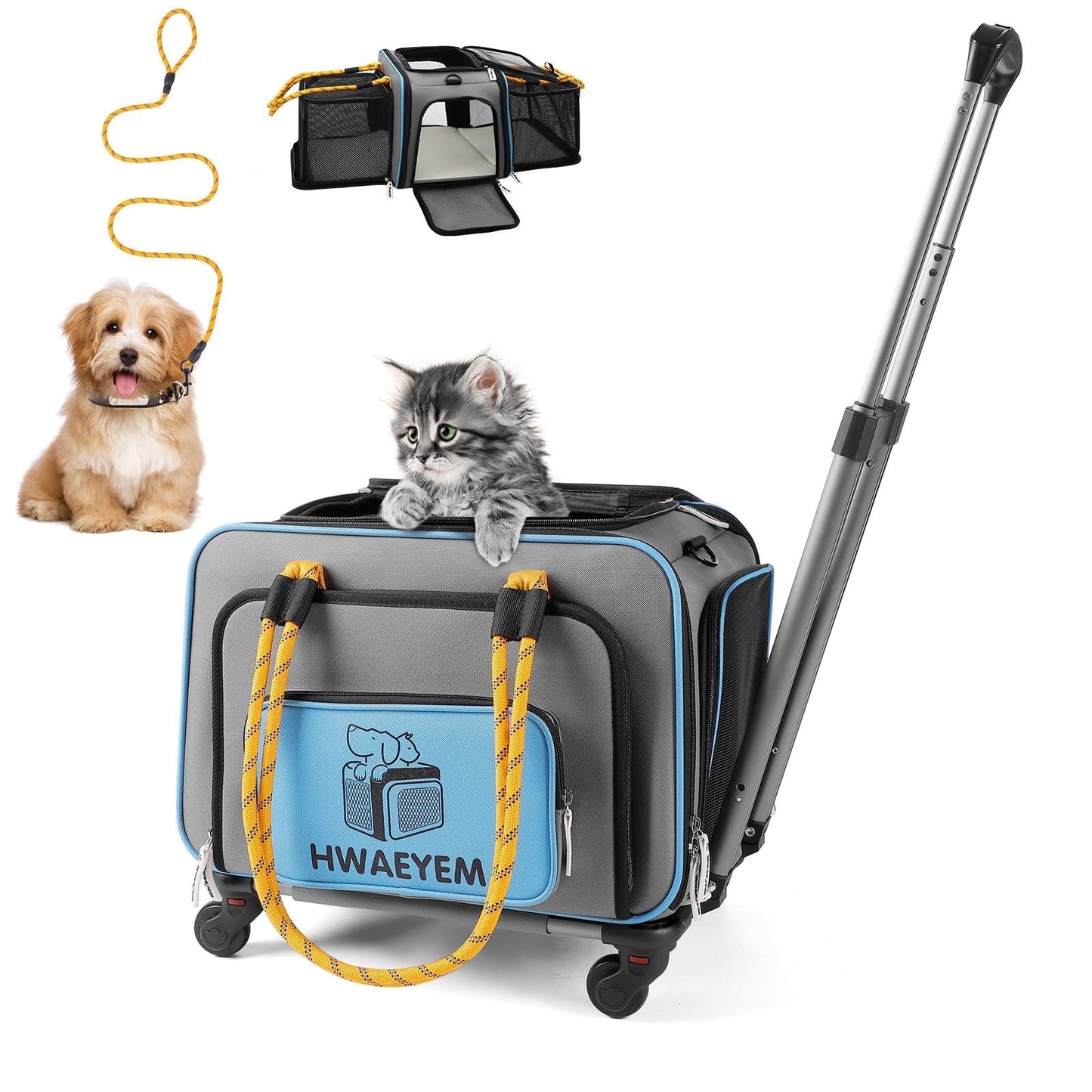 Airline Approved Cat Dog Carrier with Wheels Pet Travel Carrier Crate for Small Dogs Soft Cat Carrier Two Sided Expandable for Small Dogs Under 20LBS (18 x 11 x 11 Inches)