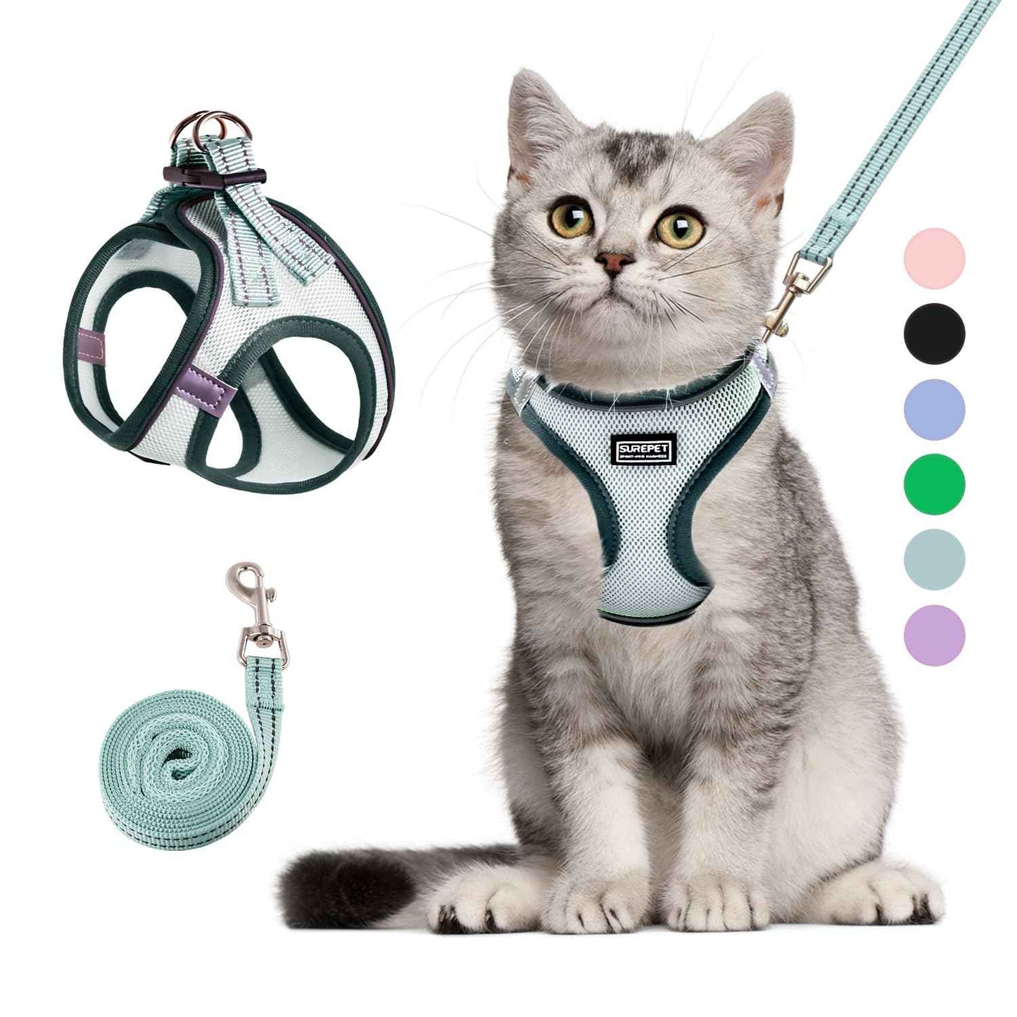 Betmaypet Cat Harness and Leash Set Soft and Breathable Vest with Reflective Strip Escape Proof Kitten Harness Easy to Wear for Cats Walking and Traveling (Light Green XS)