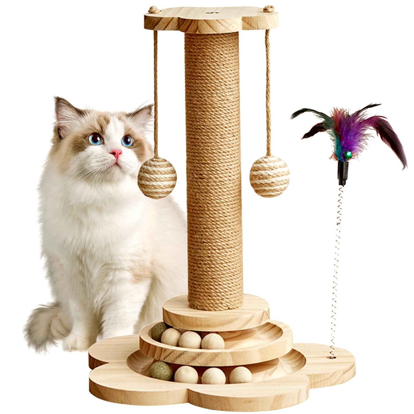 KHALOR Cat Scratching Post 4 in 1 Wooden Cat Scratcher Toy 17.7" Tall Scratch Post with 2 Level Cat Track Balls Interactive Cat Feather Toy and 2 Sisal Hanging Balls for Indoor Kittens Adult Cats