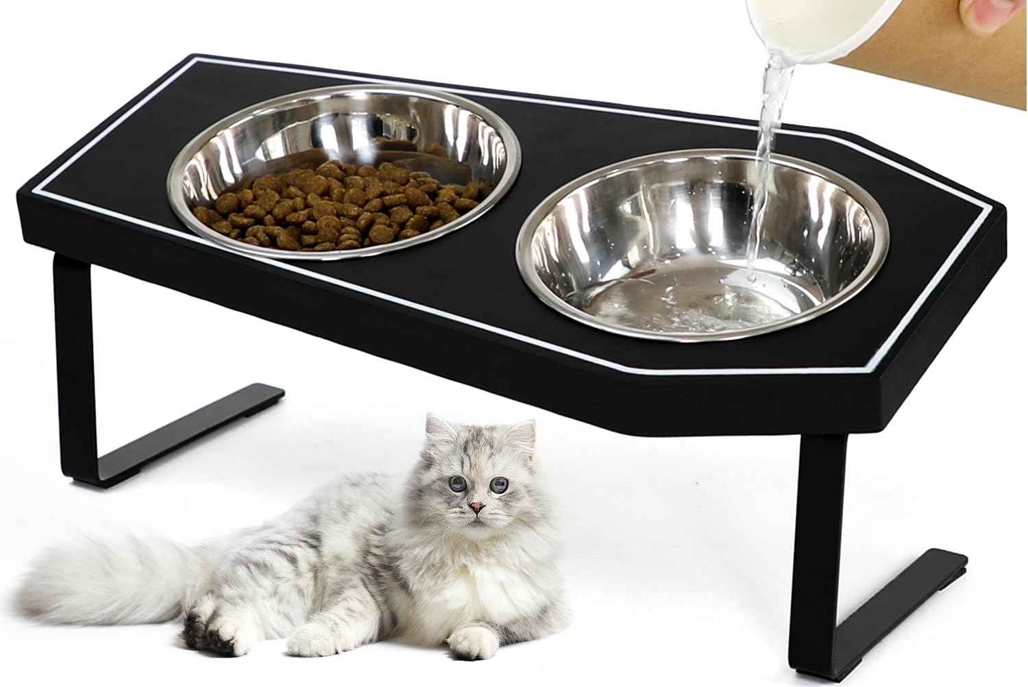 Cat Food Bowls Elevated Gothic Cat Bowls Raised Cat Bowls for Indoor Cats with Non-Slip Stand & Wood Board Stainless Steel and Whisker Friendly Food Bowls