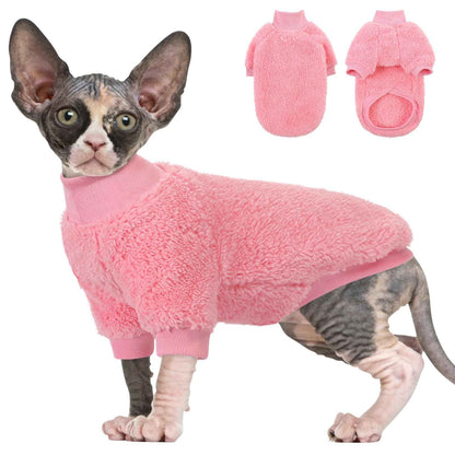 SUNFURA Sphynx Cat Sweater Hairless Cats Turtleneck Pullover Kitten Sweaters for Cats Only Warm and Soft Cat Pajamas Shirt with Sleeves Pet Winter Clothes Fleece Jumpsuit for Cats Puppy Pink M