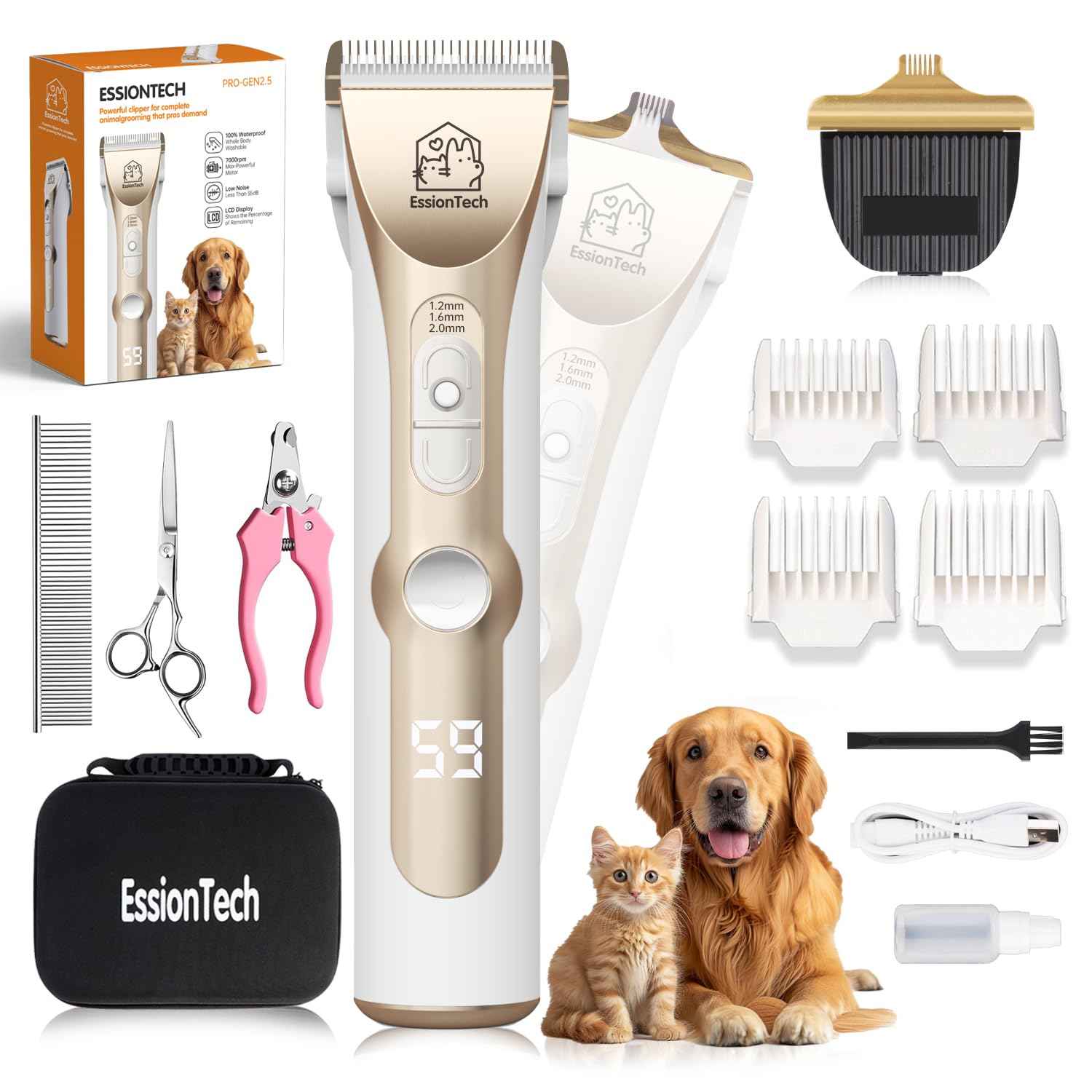 EssionTech Dog Hair Clippers for Grooming Kit at Home Paw Trimmer Pet Grooming Clippers for Dog Professional Thick Hair Low Noise Cordless Pet Tools for Small & Large Dogs Cats (2in1)