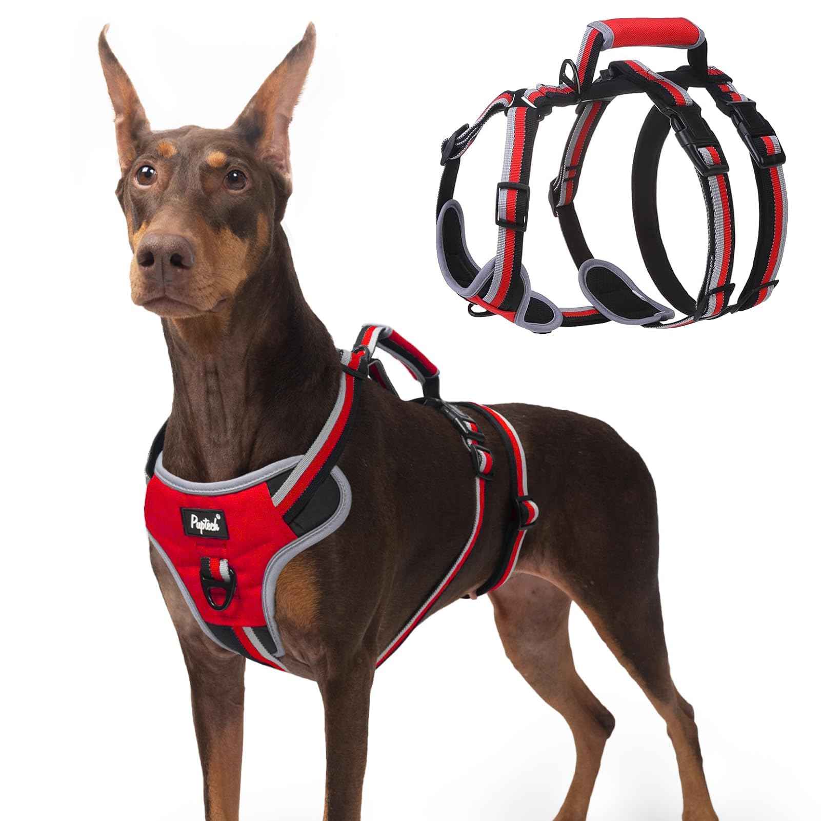 PUPTECK Escape Proof Dog Harness with Padded Handle No Pull Pet Vest Harness Durable Reflective for Medium Large Dogs Walking Training and Running Red L