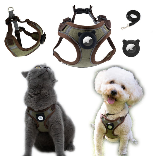 Cat Harness and Leash for Walking Airtag Cat Harness and Leash Set with Airtag Holder for Small Large Cats Puppies Soft Nylon Adjustable-Escape Proof Reflective Cat Harness(Coffee Color Medium)