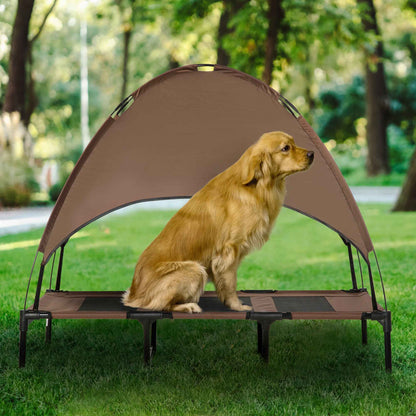 Elevated Portable Dog Cot Cooling Pet Bed with UV Protection Canopy Shade, Coffee
