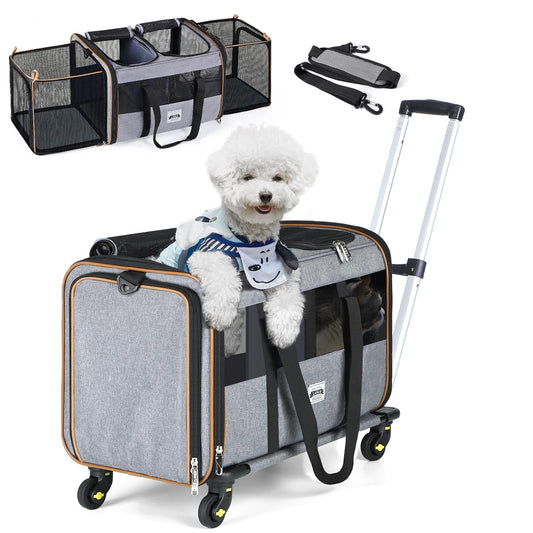 Lekereise Cat Dog Carrier with Wheels for 2 Cats Expandable Double Cat Carrier with Wheels Large Rolling Pet Carrier for 1 Large Cat/Dog or 2 Medium Cats Wheeled Pet Carrier with Telescopic Handle